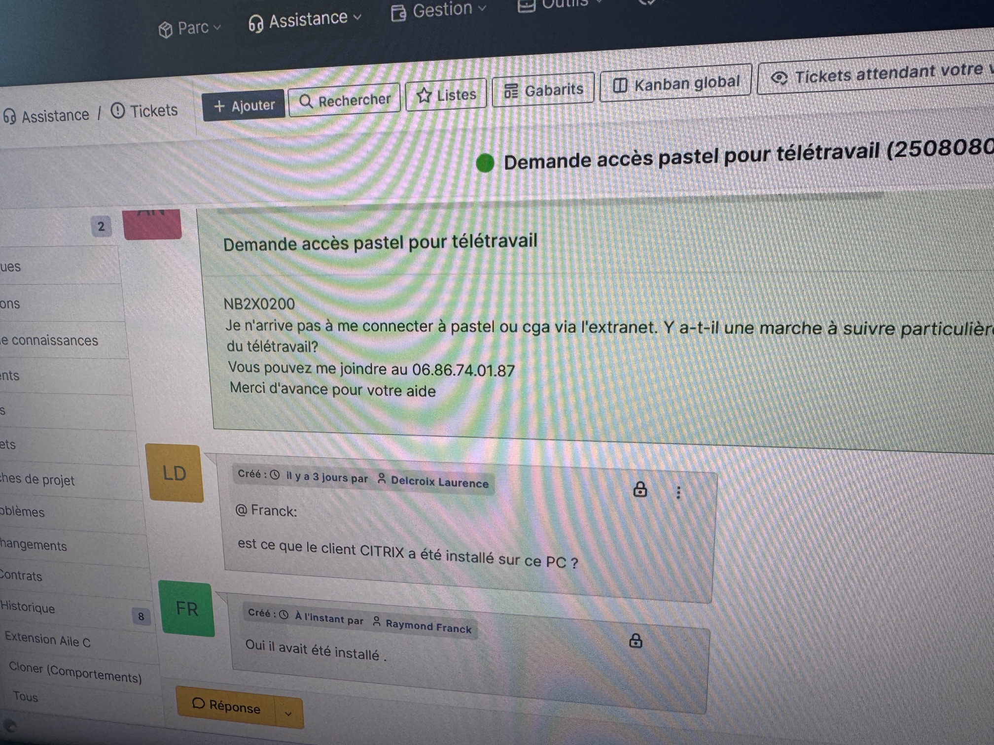 Ticket GLPI CH Tourcoing - Demande accès Pastel pour teletravail avec echange technicien