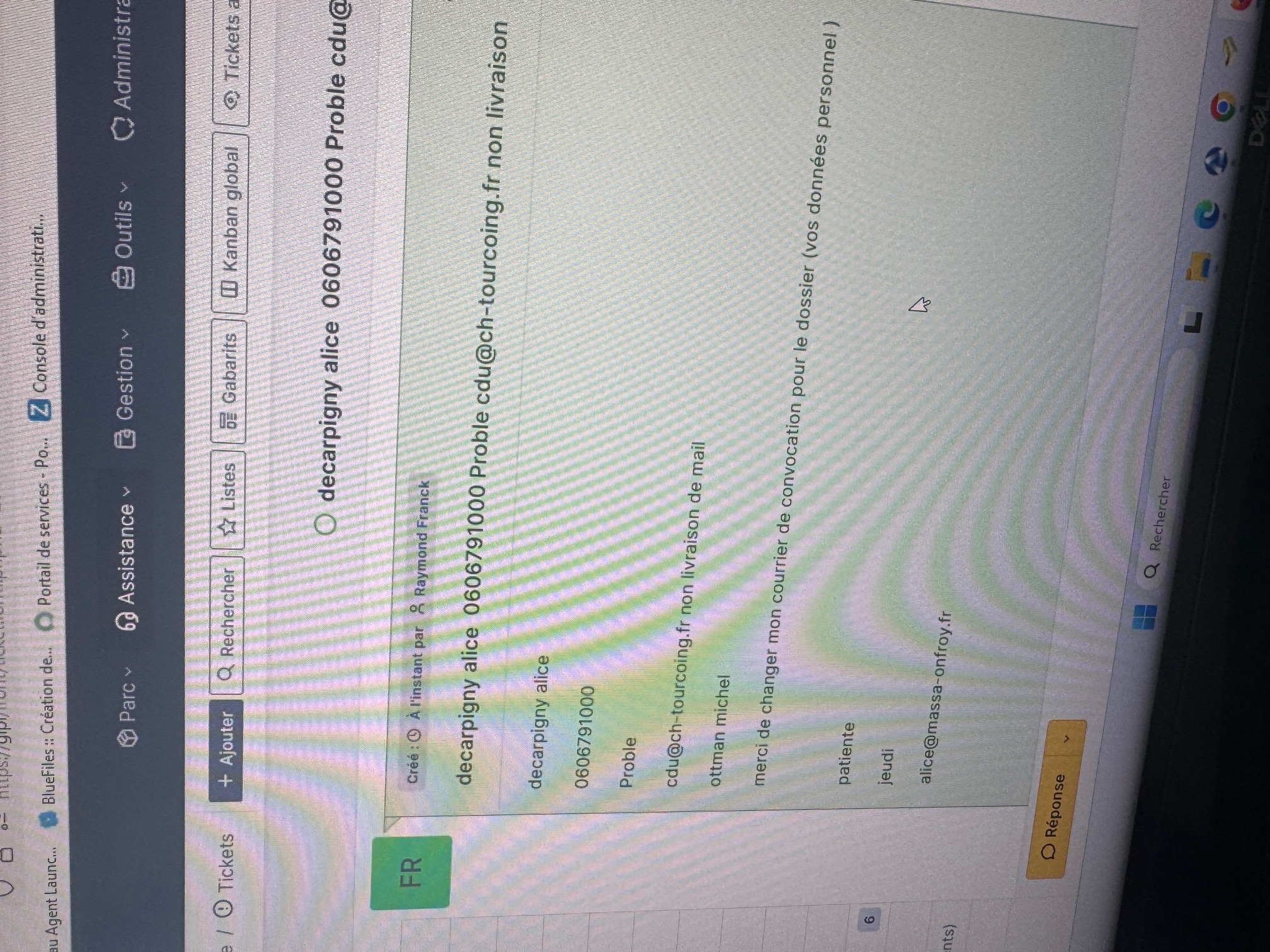 Ticket GLPI CH Tourcoing - incident non livraison de mail signale par un agent