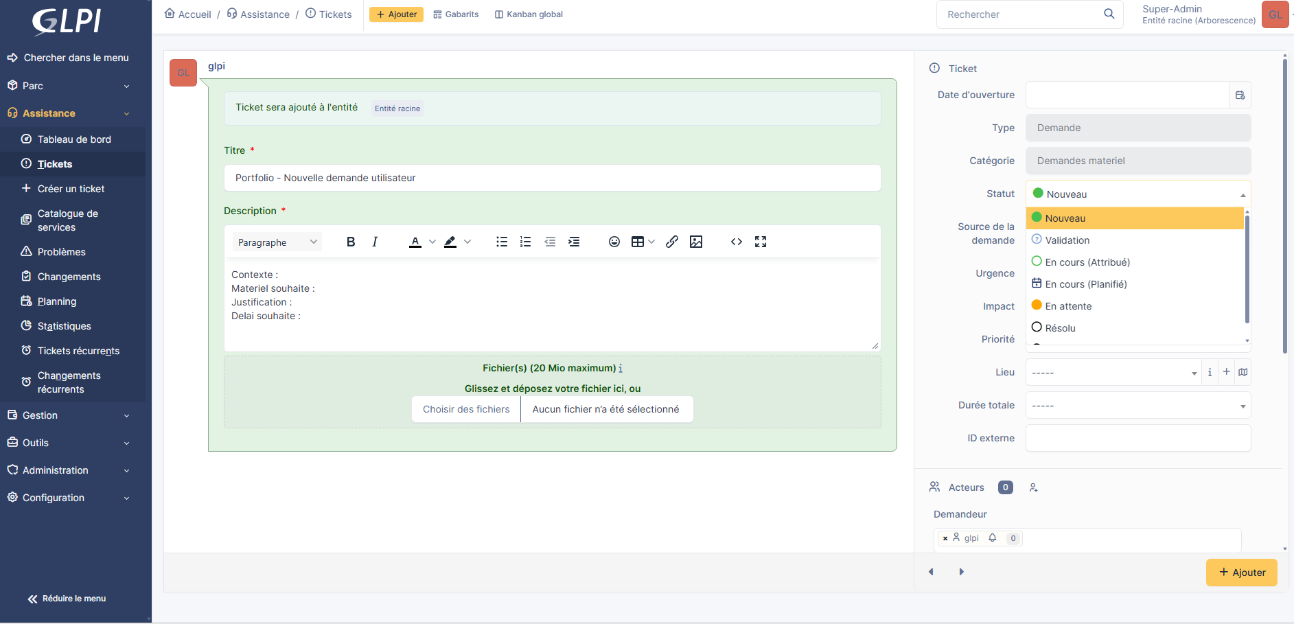 Formulaire GLPI de création d un ticket - nouvelle demande utilisateur