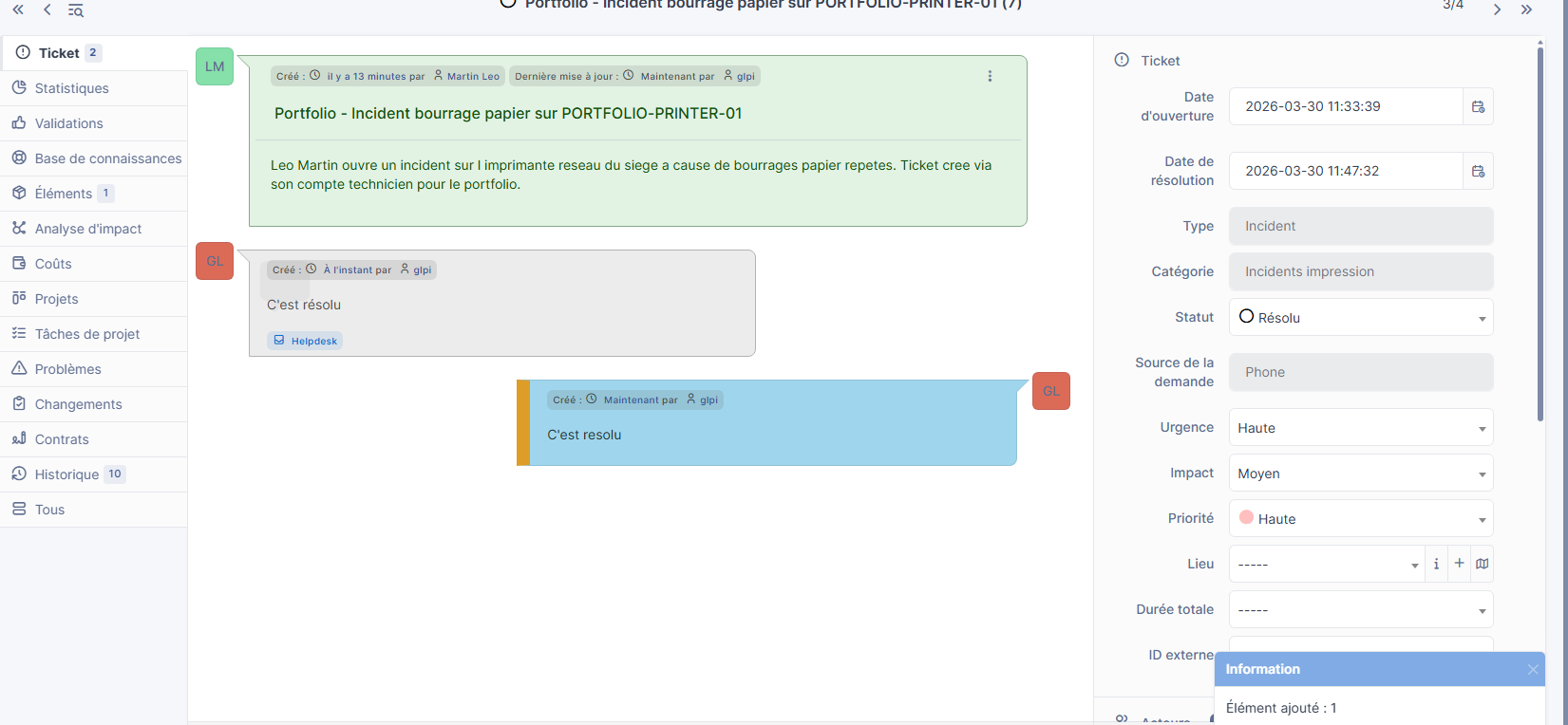 Ticket GLPI incident bourrage papier avec suivi et commentaires
