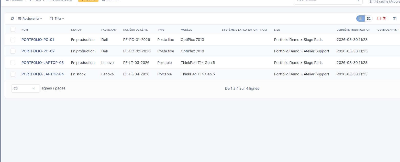 Liste des ordinateurs du parc avec statuts En production / En stock