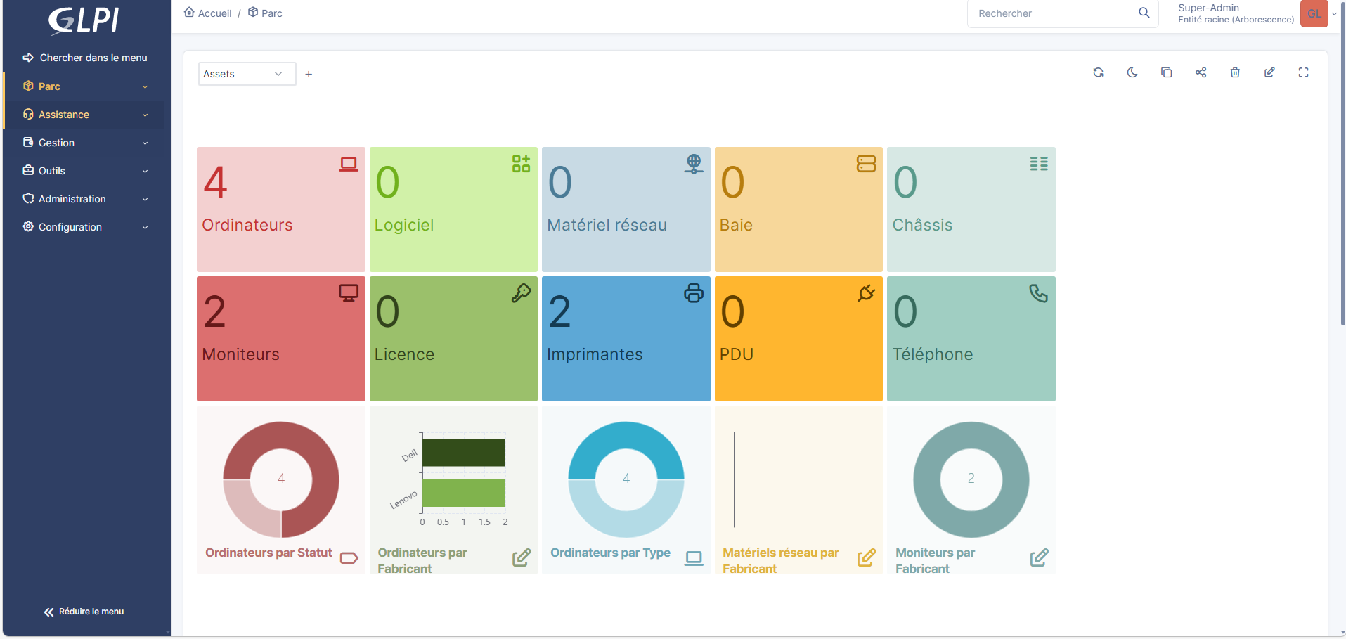 Dashboard GLPI - vue des assets (ordinateurs, moniteurs, licences)