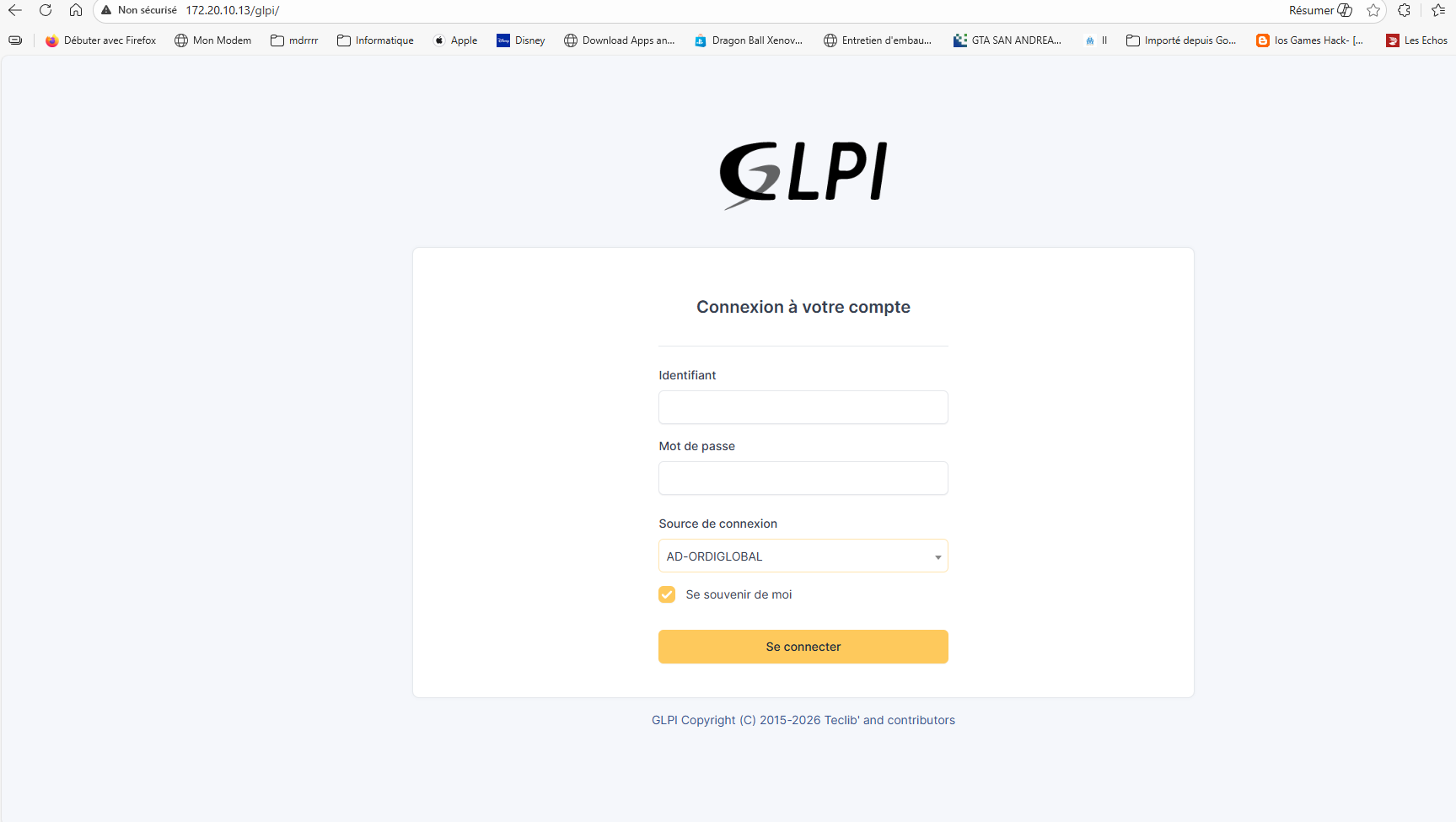 Page de connexion GLPI
